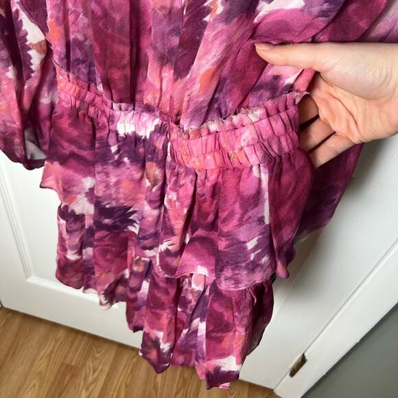 LoveShackFancy Silk Pink Smocked Waist V Neck Frill Popover Floral Mini Dress L - Picture 4 of 10